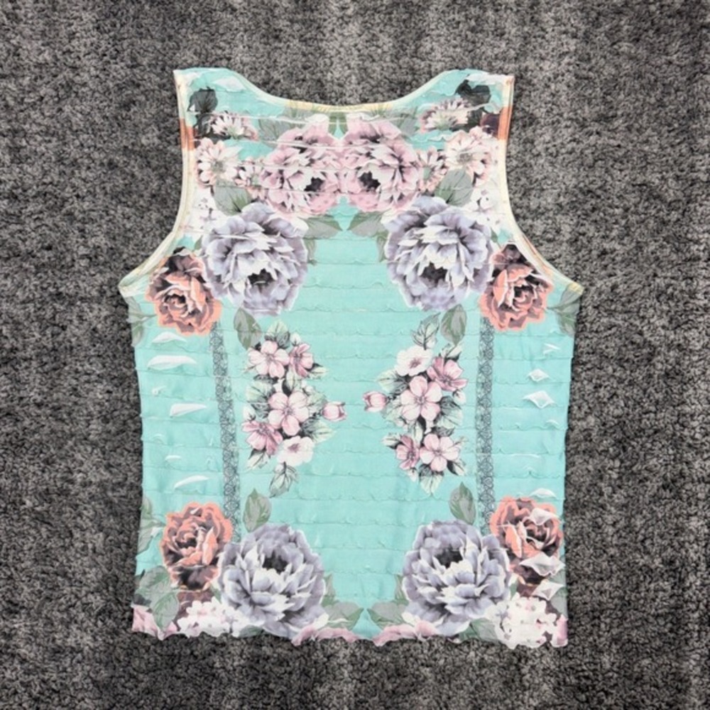 Dressbarn Women's Petite Large Aqua Blue Floral Tank Top Sleeveless Ruffle Trim - Picture 4 of 8